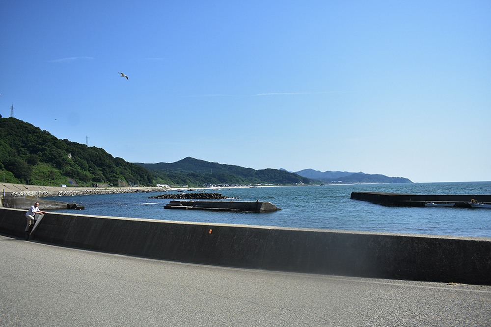 境標のある道路の裏に広がる海岸線